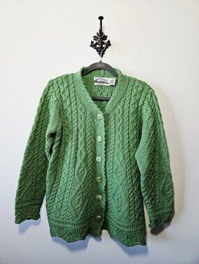 Aran Crafts Kelly Green Cable Knit Sweater Size L 100% Merino Wool Cardigan EUC